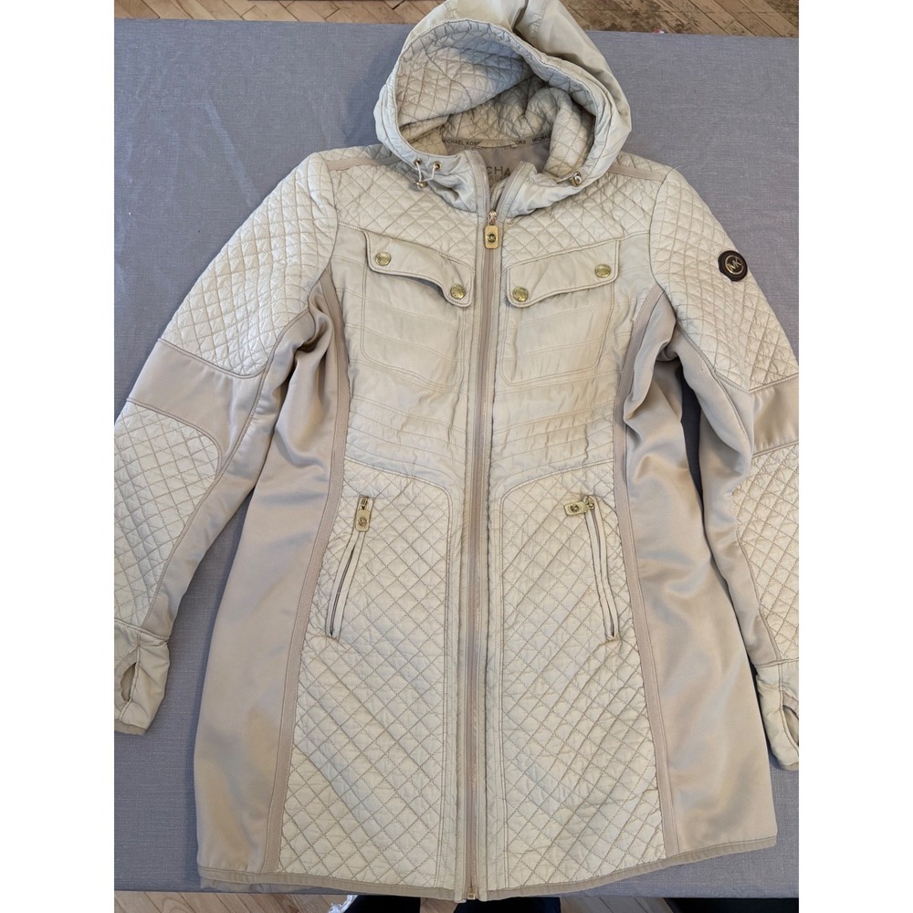 Michael Michael Kors Womens Quilted Mixed Media Hooded Jacket Beige Cream Large